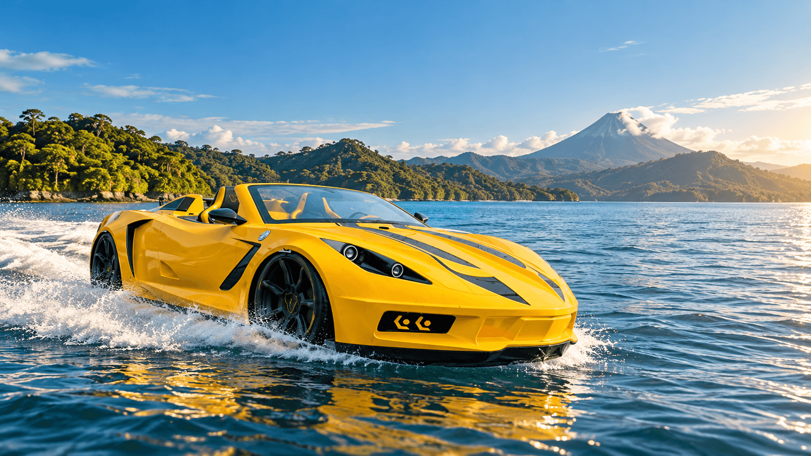 Yellow JetCar speeding across water at sunset
